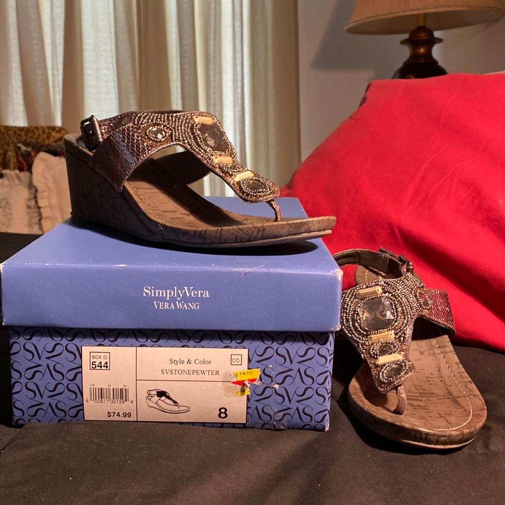 Pewter beaded wedge sandals like new